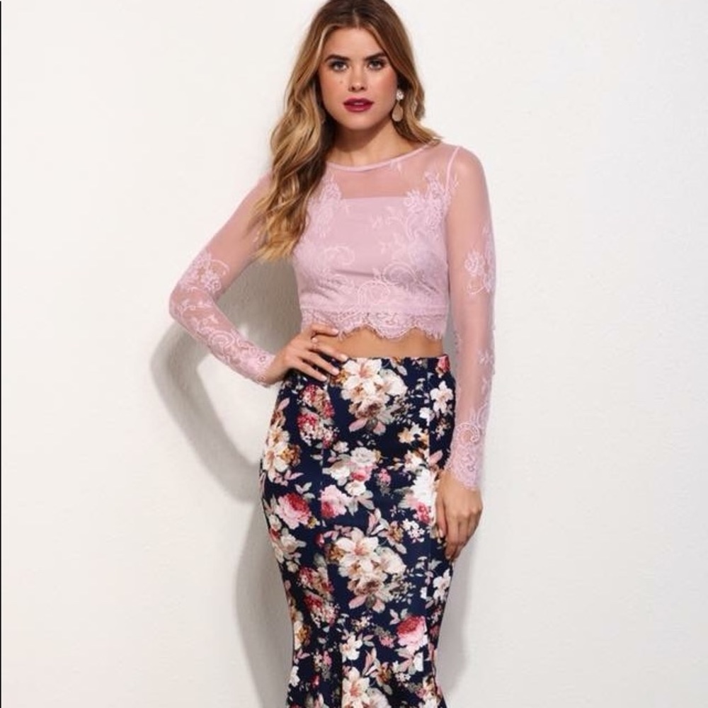 Long Sleeve Two Piece Pink Floral Dress
